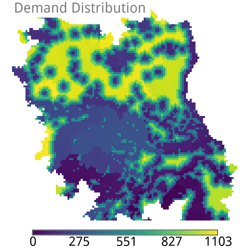 Example of a demand distribution output map while using
a MASK
and inputs for
land suitability,
water resources,
natural resources,
infrastructure,
population
and base