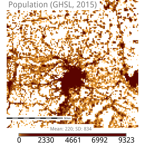 Fragment of a population map (GHSL, 2015)