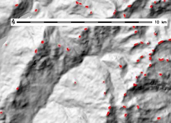 Extraction of summits from EU DEM 25m (with search=11)